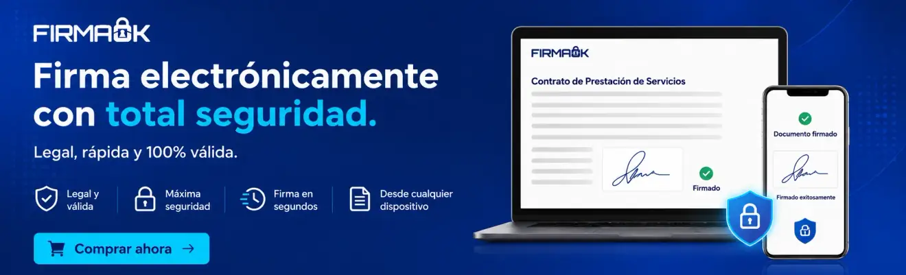 Banner de FirmaOK: un contrato firmado en un portátil y la confirmación en el móvil