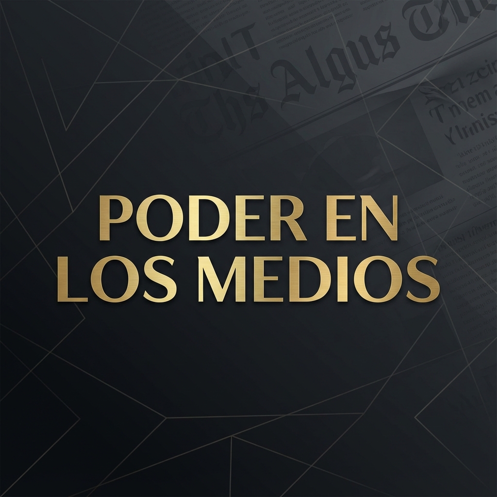 Marca de Poder en los Medios en dorado sobre un fondo de periódicos